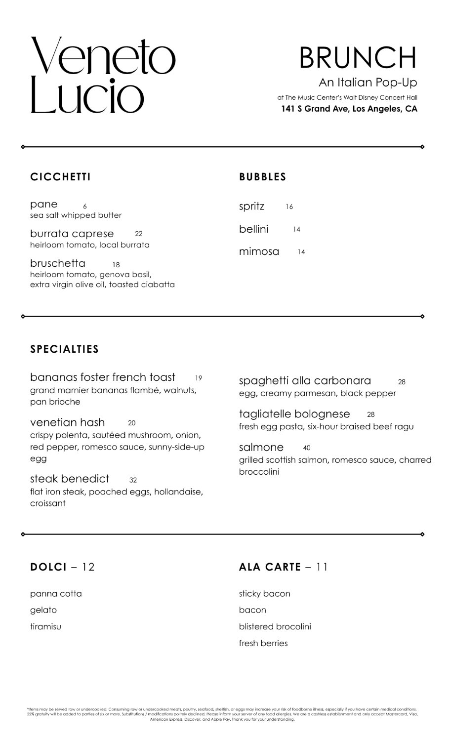 Veneto Lucio — Brunch menu